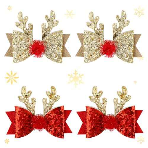 2 Pairs Christmas Hair Clip - Christmas Reindeer Antlers Headdress, Cute Bow Ties Antlers Ears Hair Pins, Christmas Party Hair Accessories for Girls Women (Gold & Red)