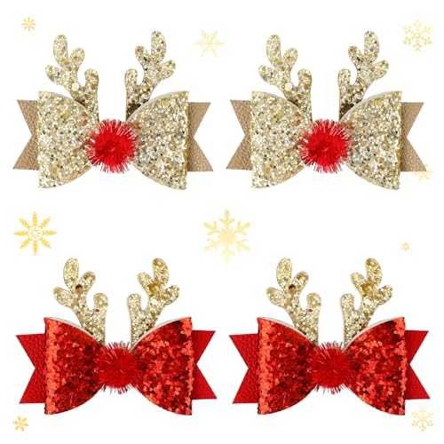 2 Pairs Christmas Hair Clip - Christmas Reindeer Antlers Headdress, Cute Bow Ties Antlers Ears Hair Pins, Christmas Party Hair Accessories for Girls Women (Gold & Red)
