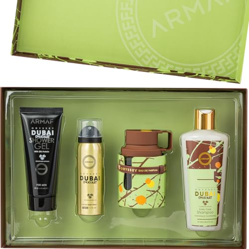 Armaf Odyssey Dubai Chocolat ? Gourmand, Sweet, Woody ? 4-Piece Gift Set for Unisex (3.4 oz Eau de Parfum + 3.4 oz Shower Gel + 1.7 oz Body Spray + 8.4 oz Shampoo)