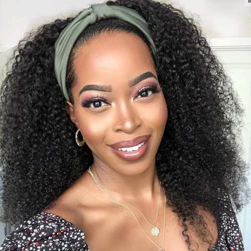 Kinky Curly Headband Wig Human Hair 22 Inch Headband Wigs for Women Human Hair Glueless None Lace Front Curly Wave Wigs Brazilian Virgin Hair Wear and Go Glueless Wig 150% Density Natural Black Color