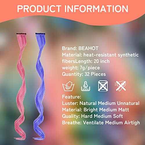 32 PCS Colored Clip in Hair Extensions, BEAHOT 16-21Inch Rainbow Long Curly Wavy Hairpieces Clip in Synthetic, Halloween Cosplay Dress Up Fashion Party Christmas New Year Gift for Women Kids Girls