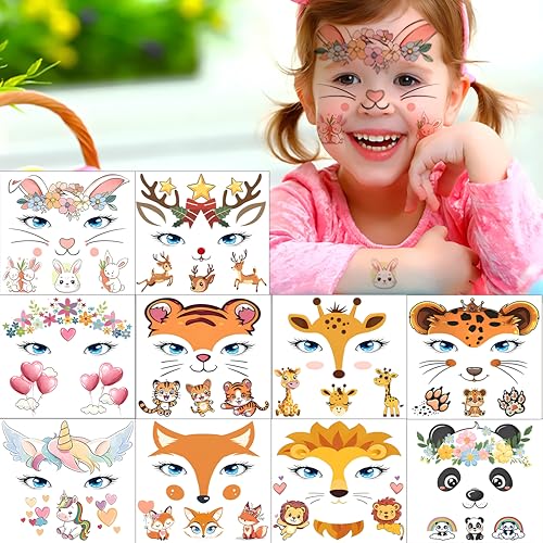 GLARYYEARS 10 Set Animal Temporary Face Tattoo Sticker Set, Water Transfer Panda Deer Giraffe Fox Tiger Floral Festival Body Paint Stickers, Makeup For Halloween Christmas Party Supplies Decor