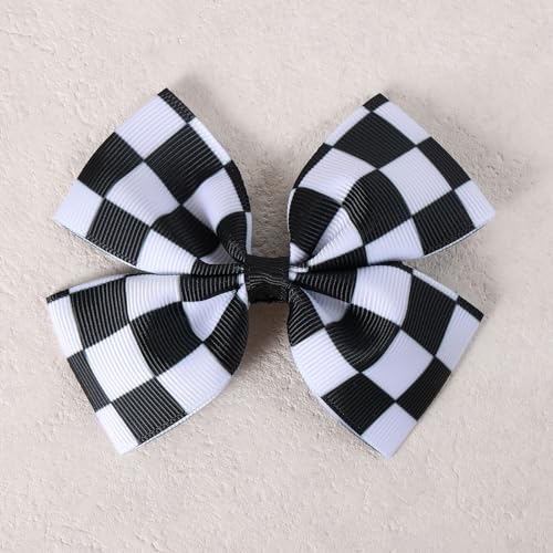 2Pc Racing Checkered Flag Hair Bow Clips 4 inch Girls Women Black White Buffalo Plaid Ribbon Pigtail Bow Barrettes Race Fan Hair Accessories Car-Themed Birthday Party Gift