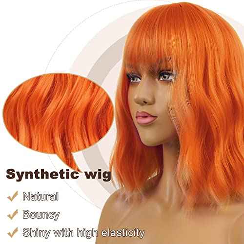 Wavy Wig With Bangs Women's Short Orange Wigs Curly Wavy Bob Synthetic Cosplay Wig for Girls Daily Use Halloween Wigs(12" Orange)