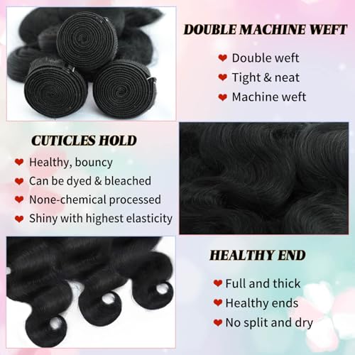 12A Human Hair Bundles 20 22 24 Inch 3 Bundles Body Wave 100% Unprocessed Brazilian Virgin Weave Quick Human Hair Bundles for Black Women Natural Black