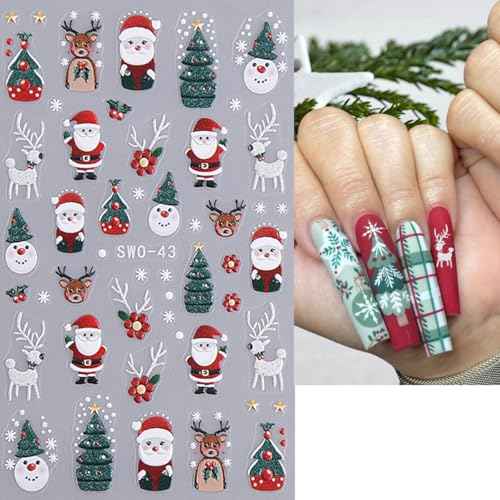 5D Embossed Christmas Nail Art Stickers Xmas Nail Decals Cute Santa Claus Christmas Tree Cake Candy Snowflake Snowman Nail Designs Christmas Nail Supplies Decoration for Women DIY Manicure Accessories