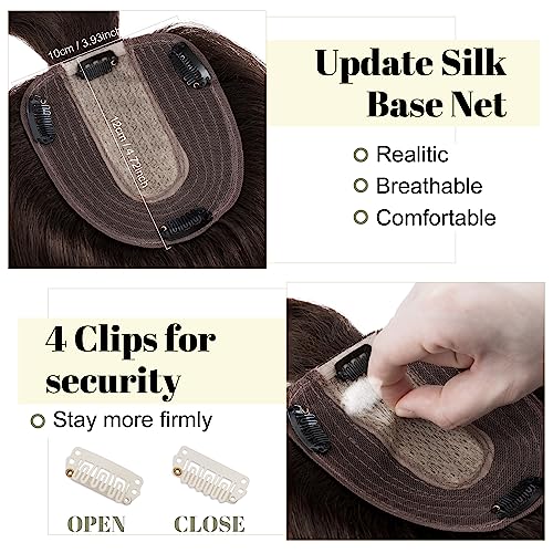 SEGO Hair Toppers for Women With Bangs Real Human Hair, 130% Density 10 * 12CM Silk Base Clip in Top Wiglet Hairpieces for Thinning Hair-10 Inch 02 Dark Brown