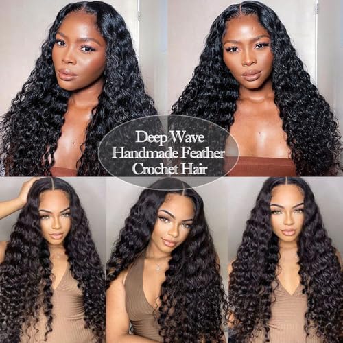 Knotless Pre Separated Deep Wave Crochet Human Hair Feather 100% Raw Real Hair Extensions for Braiding Feather Line Human Crochet Deep Wave Curly Hair Extensions With String 20inch 60g