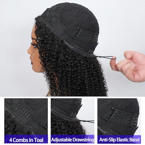 Kinky Curly Half Wig Human Hair 16 inch 200% Density 3 In 1 Glueless Wear Go Half Wigs for Women Drawstring Seamless Flip Headband Wig Beginner Friendly