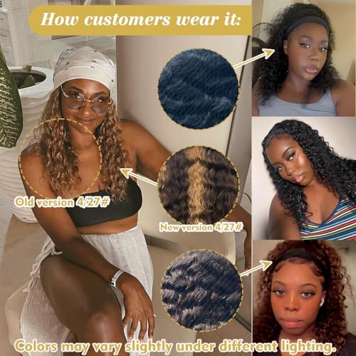 Highlight Headband Wig Human Hair Deep Wave 4/27 Ombre Curly Human Hair Headband Wigs for Black Women Glueless None Lace Front Brazilian Virgin Wig Wear and Go 150% Density 22 Inch