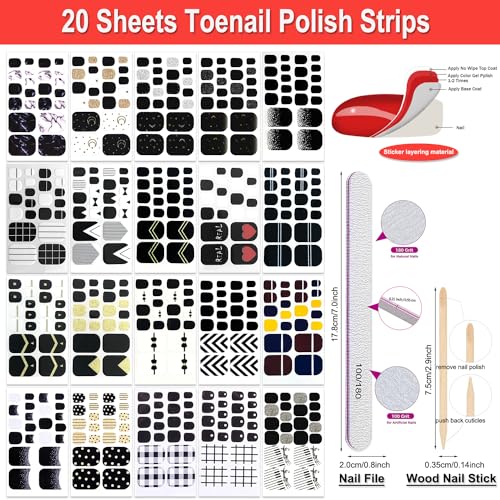 DANNEASY 20 Sheets Toe Nail Stickers Full Nail Wraps - Black, Toenails Polish Strips Self Adhesive Toenail Polish Stickers Gel Strips Manicure Sticker Nails for Women with File, Cuticle Stick