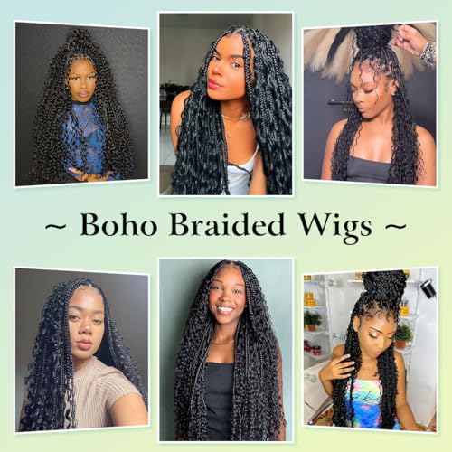 36 inch Single Full Lace Boho Braided Wigs for Black Women, 360 HD Lace Knotless Box Braid Wigs with Baby Hair Black Synthetic Braid Wig