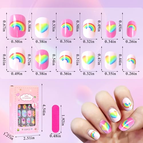 AddFavor 120pcs Press on Nails for Kids, Full Cover Short Fake Nails for Kids Cute Acrylic Nails Press ons Nail Kit for Children Little Girls Nail Art Decoration