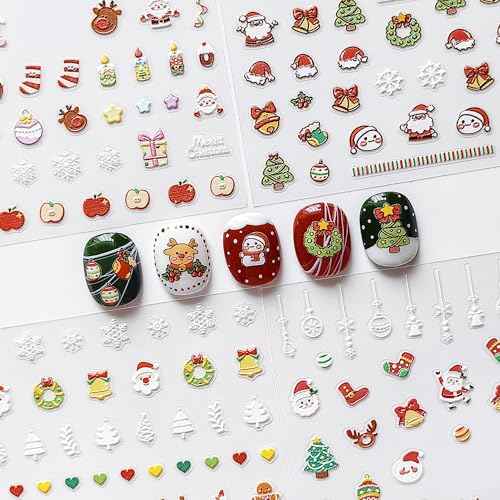 4 Sheets of 3D Christmas Nail Stickers - 258 Cute Nail Decals - Embossed Kawaii Nail Stickers for Kids | Cute Holiday Theme - Santa, Reindeer, Snowman, Gifts, Candy Cane | Glow in The Dark