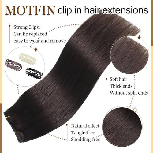 Clip in Hair Extensions Real Human Hair, 22 inch 110g, Balayage Invisible Remy Human hair Clip in Extensions for Women Seamless Straight 8Pcs Double Weft Dark Brown