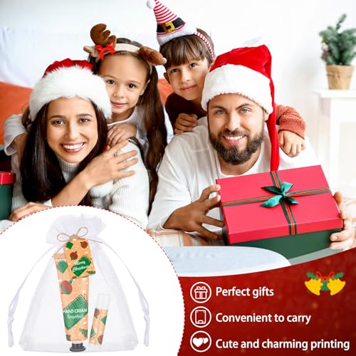Loopeer 72 Sets/288 Pcs Christmas Hand Cream and Lip Balm Gift Set for Women Bulk Mini Hand Lotion Travel Size for Dry Skin Stocking Stuffers with Greeting Card Organza Bags for Coworker Employee