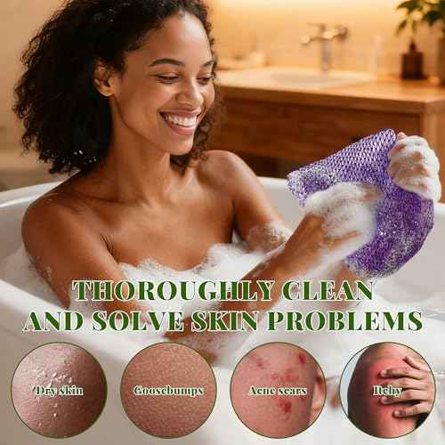 African Net Sponge Authentic, 3 Pieces Exfoliating Scrubber Bath Sponge for All Skin Types, Back Scrubber Loofah Washcloth for Shower, Gentle Exfoliation, Gift 1 Travel Bag (Purple, Pink, Dark Green)