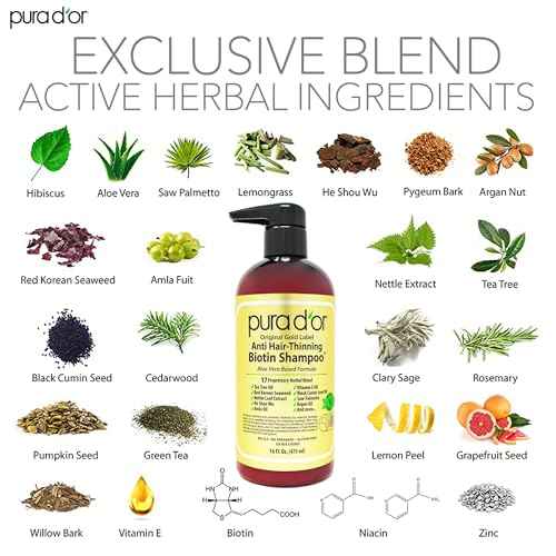 PURA D'OR Original Gold Label Anti-Thinning Shampoo Clinically Tested, Infused with Argan Oil, Biotin & Natural Ingredients, Sulfate Free, All Hair Types, Men and Women, 16 Fl Oz (Packaging may vary)