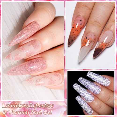 MEET ACROSS Gel Nail Polish Set, 8 Colors, UV/LED Soak Off (Luminous Diamonds + Eggshell Warming Gel, 8pcs)