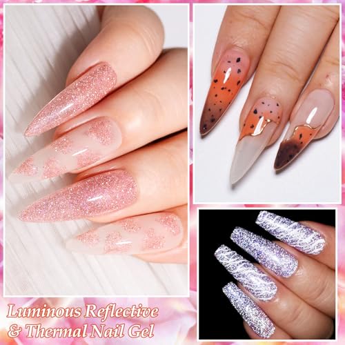 MEET ACROSS Gel Nail Polish Set, 8 Colors, UV/LED Soak Off (Luminous Diamonds + Eggshell Warming Gel, 8pcs)