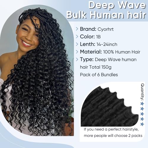 Human Braiding Hair for Boho Braids,150g 22 inch 6 Bundles Deep water Wave Bulk Boho Curly Human Hair for Braiding,Natural Color No Weft 12A Wet and Wavy Human Knotless Braiding Hair Extensions