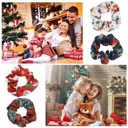 12PCS Christmas Hair Scrunchies, 4.3 Inch Santa Claus Xmas Tree Gingerbread Man Reindeer Patterns Elastic Hair Ties Christmas Ponytail Holders Hair Accessories for Women Girls (6 Styles)