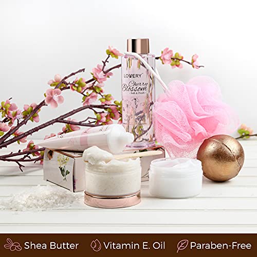 Bath and Body Gift Basket For Women, Cherry Blossom Home Spa Set, Body Lotion, Shower Gel, Extra Large Bath Bomb, Body Butter, Body Scrub, Bath Crystal, Puff & Rose Gold Cosmetic Bag