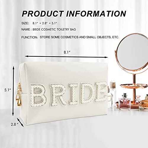 Bride Patch Letter Makeup Bag for Women Bridesmaid Engagement Gift for Her White Pearl Rhinestone Travel Toiletry Bag Make Up Bag Pouch for Purse Bridal Shower Gifts for Engagement Wedding