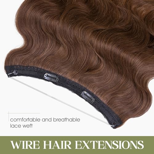 Halo Hair Extensions Real Human Hair Invisible Wire Extensions with Transparent Fish Line Wavy Curly Halo Clip in Human Hairpieces Medium Brown 18 Inch