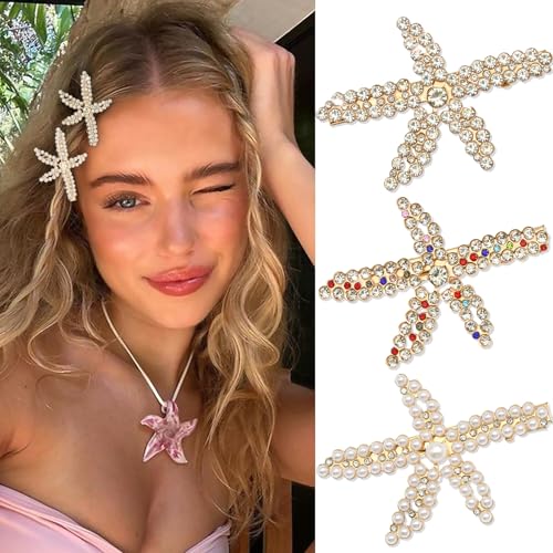 Starfish Rhinestone Hair Clips - 3PCS Seashell Crystal Barrettes Mermaid Accessories Head Pieces Glitter Hair Decoration for Women and Girls