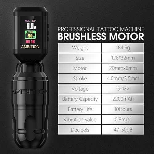Ambition Lutin Rotary Tattoo Machine with Korall Tattoo Power Supply 2200mAh Straight Drive Bar - Wireless Tattoo Machine Short Tattoo Pen with Brushless Motor with RCA Cord for Tattoo Artist