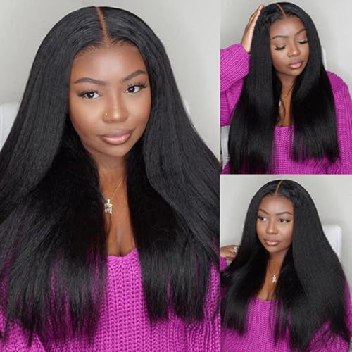 V Part Wigs Human Hair Kinky Straight Human Hair Wig Upgrade U Part Human Hair Wig for Black Women V Part Half Wigs Glueless Wear and Go No Leave Out No Sew In 180% Density Natural Color 20 inch