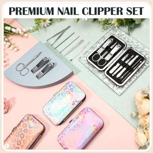 60 Pack Manicure Set Bulk Gifts Stainless Steel Nail Clipper Set with Case 8 in 1 Personal Pedicure Kit for Women Men Gifts for Christmas(Mix Color,Leopard)