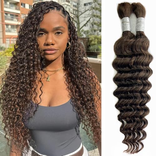 Human Hair Braiding Hair 26 Inch Deep Wave Bulk Human Hair For Braiding Boho Braids Natural Brown