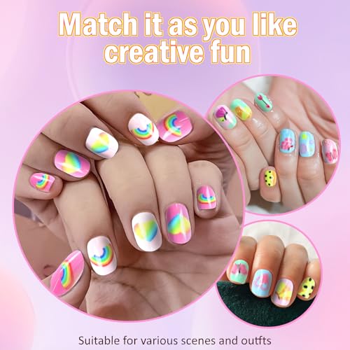 AddFavor 120pcs Press on Nails for Kids, Full Cover Short Fake Nails for Kids Cute Acrylic Nails Press ons Nail Kit for Children Little Girls Nail Art Decoration