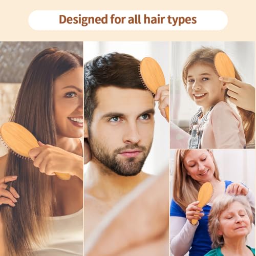 6 Piece Bamboo Hair Brush for Hair Growth, Wooden Paddle Detangler Hairbrush with Natural Bamboo Bristles, For All Hair Types - Women & Men, Scalp Massage, Smooths Tangles & Knots