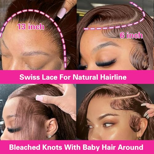 Chocolate Brown Lace Front Wigs Human Hair 13x6 HD Lace Front Human Hair Wigs For Women 250% Density #4 Middle Brown Lace Frontal Wig (16 Inch)