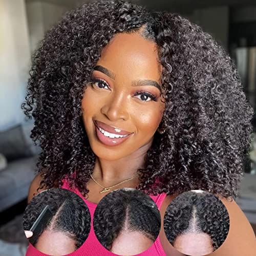 V Part Wig Human Hair Afro Kinky Curly Wig No Leave Out Brazilian Human Hair Wig For Black Women Beginner Friendly 200% Density Upgrade U Part Kinky Curly Wigs 16Inch