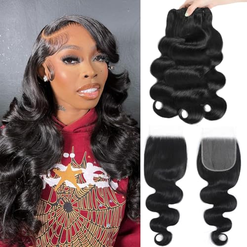 12A Human Hair Bundles 3 Bundles with Closure 14 16 18+12 Inch Body Wave Bundle Human Hair with 5x5 Closure 100% Brazilian Virgin Quick Weave Natural