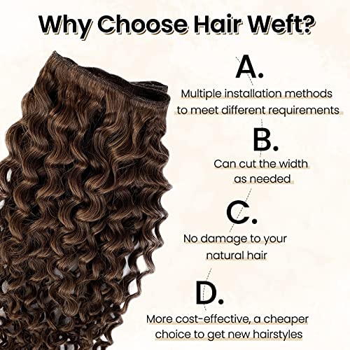 Curly Sew in Hair Extensions Real Human Hair, 22 Inch 120 Gram Chocolate Brown Deep Wave Weft Bundles Straight Silky Remy Hair Hand Tied Weft Extensions Brazilian Virgin Raw Hair Bundles for Women