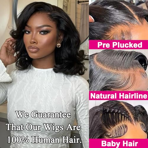 13X6 16inch 230%Density Natural Black Bob Wig Human Hair, Body Wave Wig Human Hair, Short Bob Lace Front Wigs Human Hair, Bob Wigs For Black Women, Pre Plucked With Baby Hair HD Transparent Lace