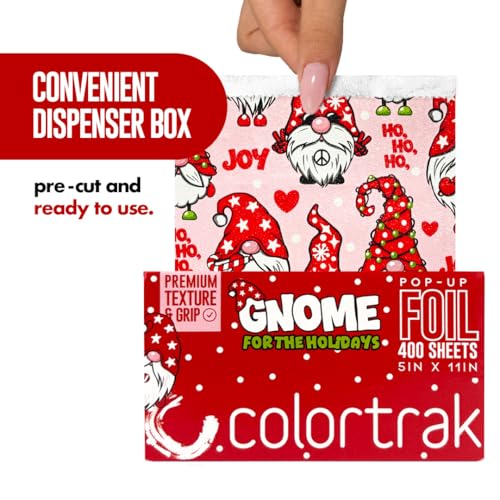 Colortrak Gnome for the Holidays Pop-up Foil W/Dispenser (400 Count), Pre-cut Sheets, Non-Slip Embossed Texture, 5" x 11" Sheets for Hair Foil Coloring and Highlighting Sheet Applications