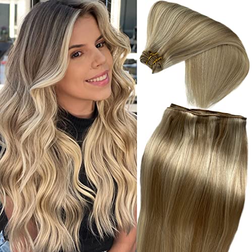 Sew in Weft Hair Extensions Human Hair 22Inch Light Brown Highlights Platinum Blonde Sew in Hair Extension Real Human Hair Highlights Weft Virgin Hair Full Head Hair Bundles 120g for White Women