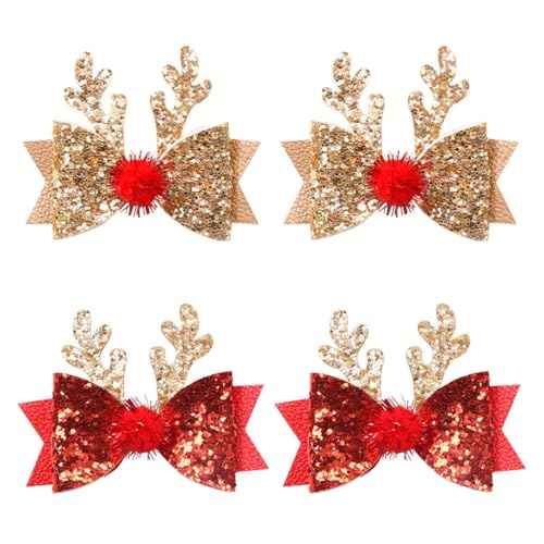 4 Pcs Christmas Hair Clips for Kids Toddler Girls Cute Reindeer Antler Bows Barrettes Gold Red Sequins Hairpin Hair Accessories for Toddlers Women Birthday Party Favor Gifts (4 Pcs)