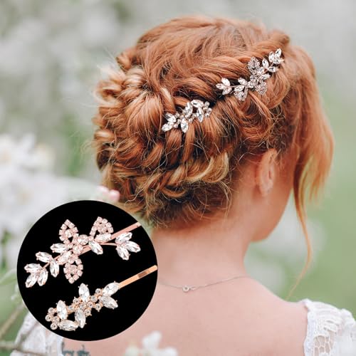 4PCS Rhinestones Hair Clips, Bridal Crystal Hair Pins, 2 Styles French Hairpins Alloy Leaf Shape Barrettes for Women, Girls for Wedding, Parties (Rose Gold, 2 Pairs)