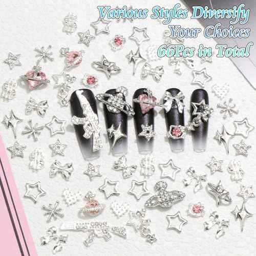 BELICEY 66Pcs 3D Nail Charms Silver Bow Star Planet Charms for Nails Alloy Gun Heart Dollar Charms and Gems Pink Crystal Rhinestones Y2k Nail Jewels Accessories for Nail Art Supplies Crafts Design