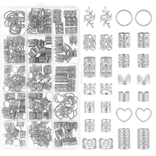 190PCS Silver Hair Jewelry for Braids, Metal Hair Charms Cuffs Rings Clips, Silver Loc Jewelry for Women Men Dreadlock Accessories Decorations