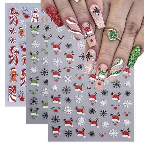3 Sheets 3D Christmas Glitters Nail Art Sticker 3D Cute Nail Stickers Elk Star Gingerbread Man Snowflake Christmas Tree Nail Decals Snowman Hat Decal Slider New Year DIY Winter Manicure Decoration