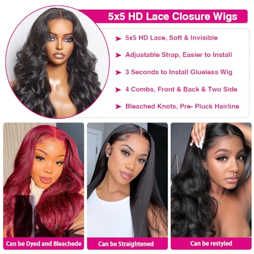 Glueless Wigs Human Hair Pre Plucked Pre Cut 5x5 Body Wave Lace Closure Wigs Human hair 250 Density Colsure Wigs for Women Ready to Wear Wig 14 Inch