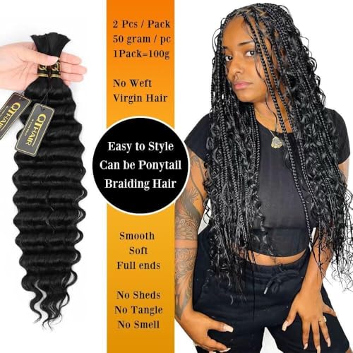 QTHAIR Deep Wave Bulk Human Hair For Braiding No Weft (24"#1 Jet Black) 16A 100% Unprocessed Brazilian Deep Wave Human Hair Virgin Hair Extensions Two Bundles Micro Braiding